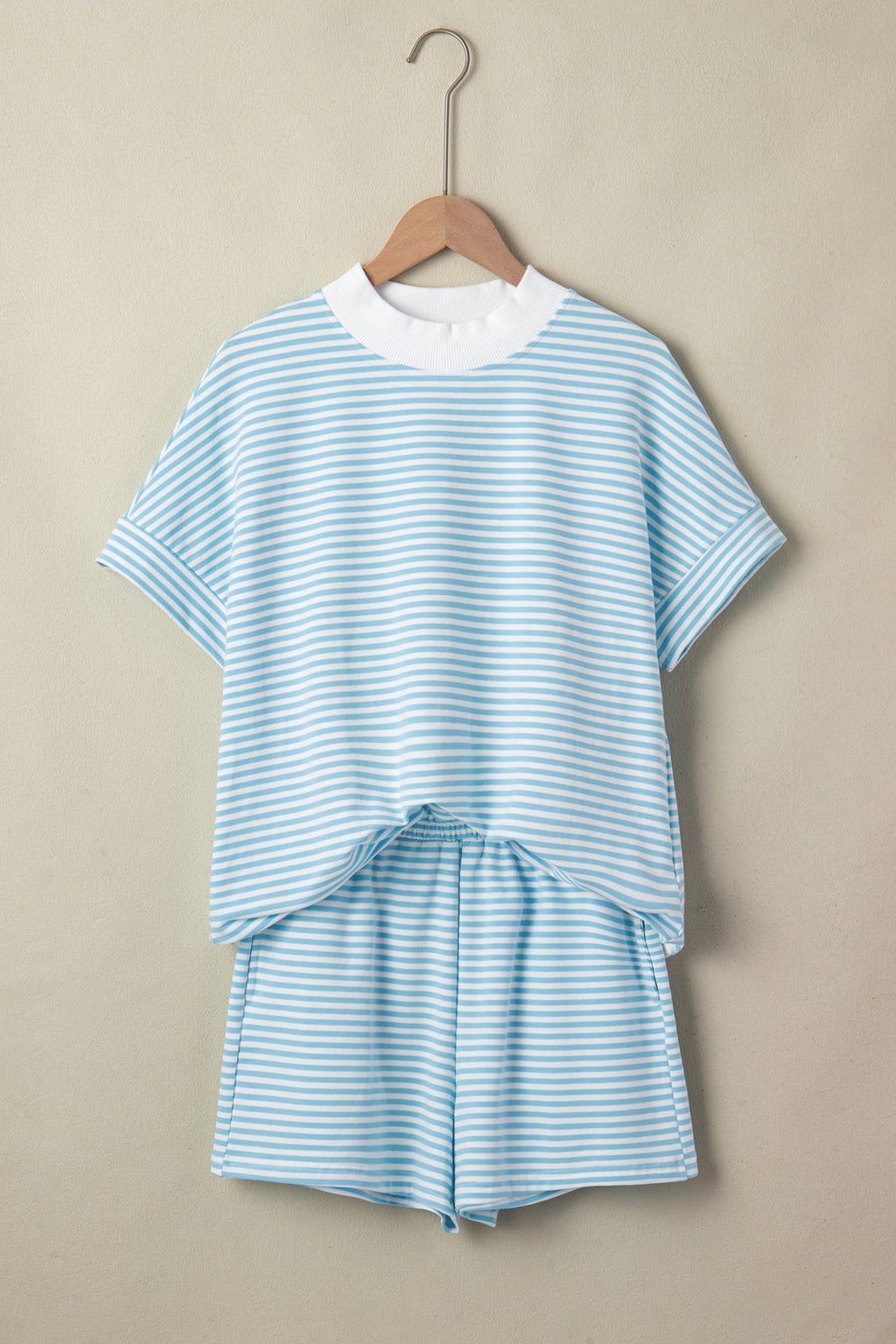 Sky Blue Stripe Cuffed Sleeve Mock Neck 2pcs Short Set