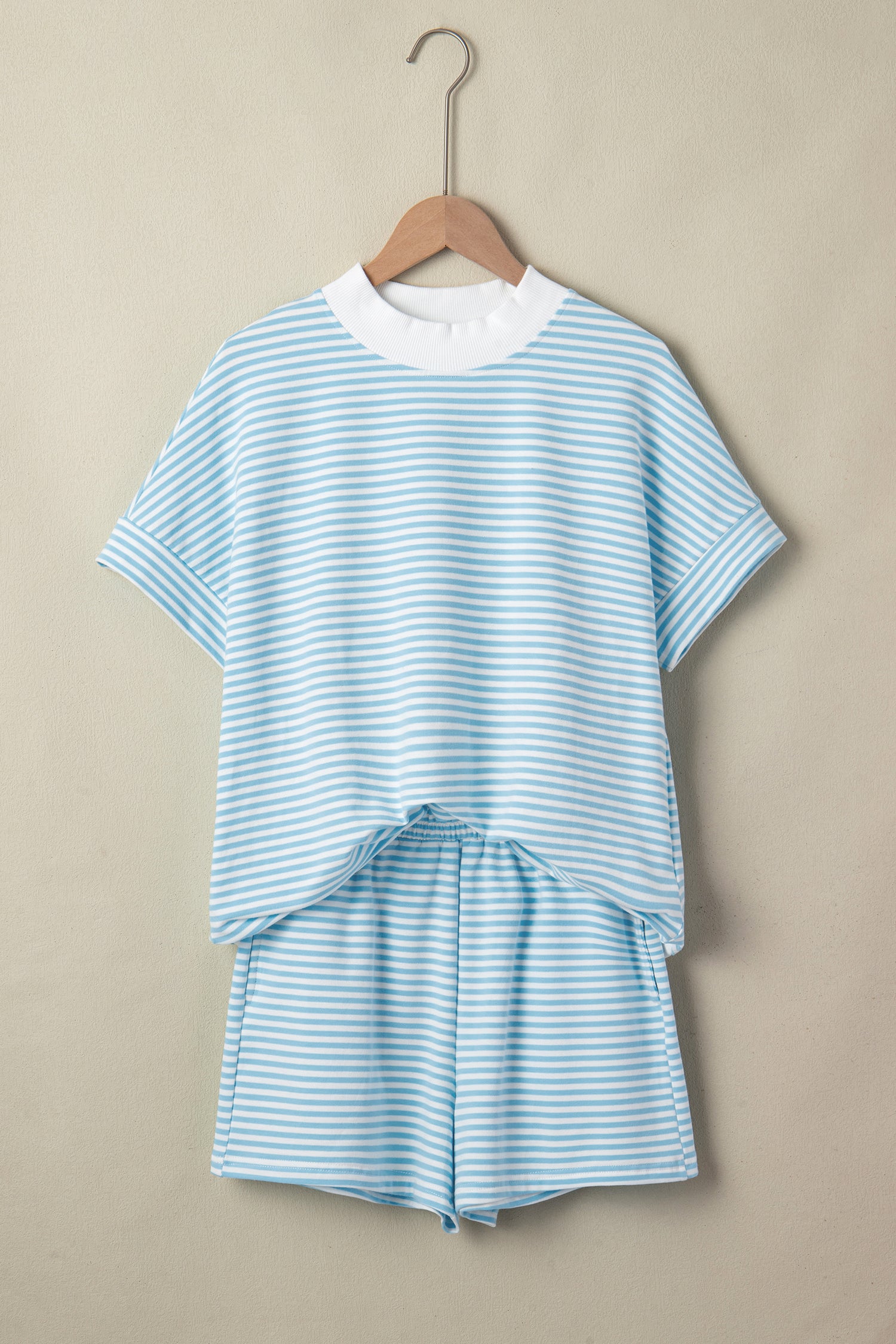 Sky Blue Stripe Cuffed Sleeve Mock Neck 2pcs Short Set
