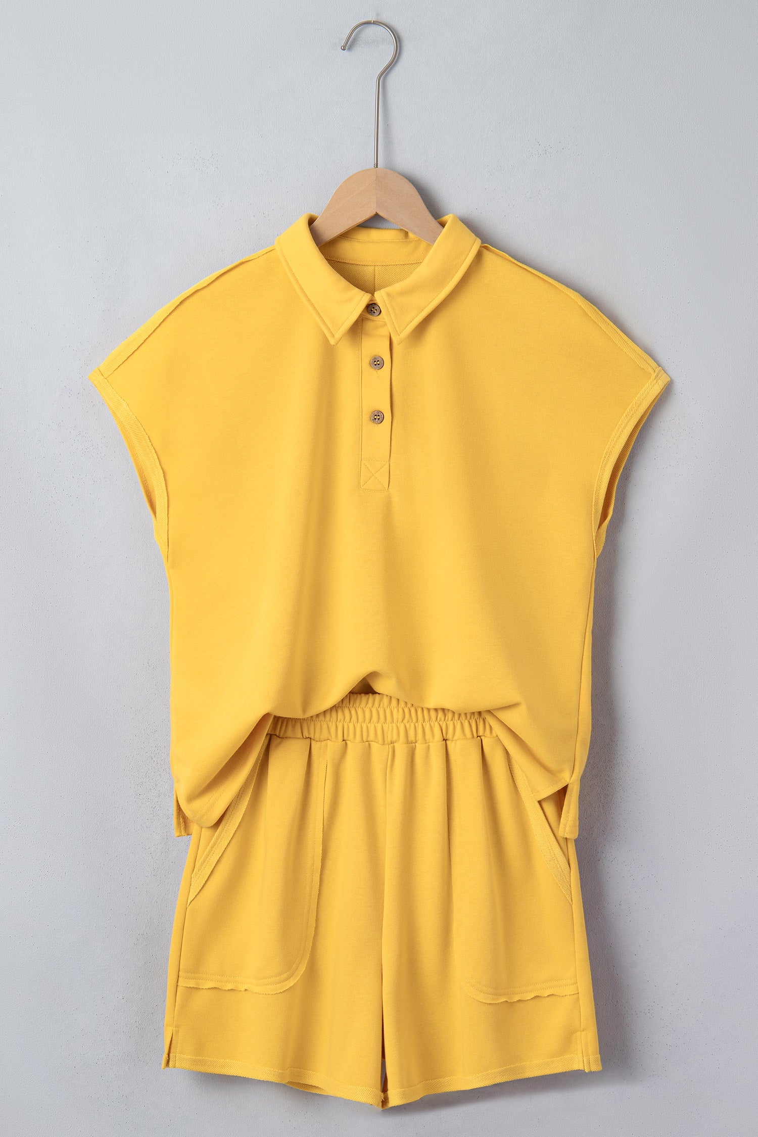 Banana Cream Loose Polo Tee Elastic Waist 2pcs Short Set