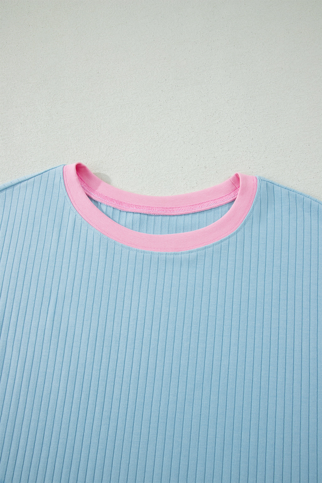 Mist Blue Soft Ribbed Color Block Trim Casual Short Set