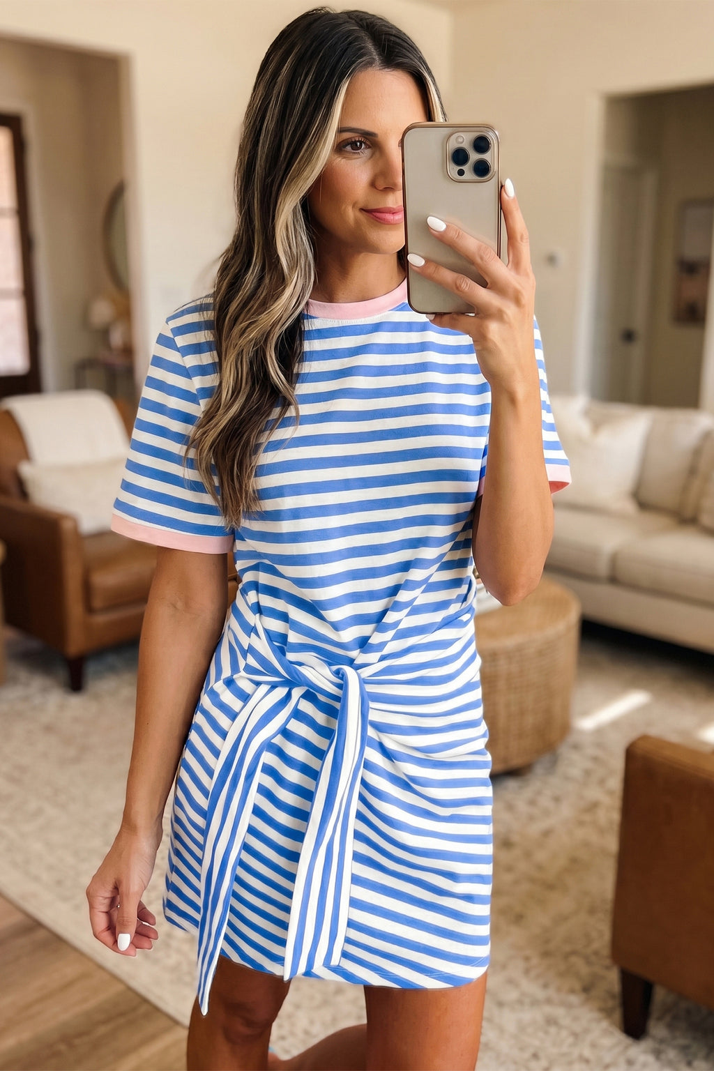 Sky Blue Stripe Nautical Tie Contrast Trim Round Neck T Shirt Mini Dress