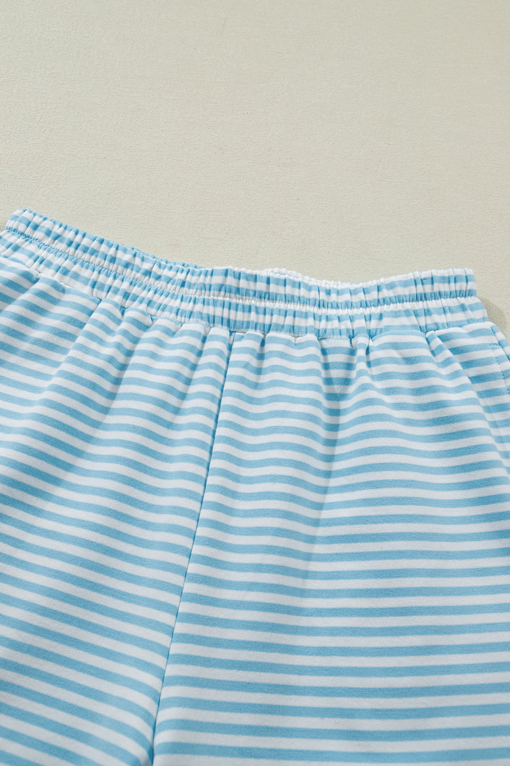 Sky Blue Stripe Cuffed Sleeve Mock Neck 2pcs Short Set