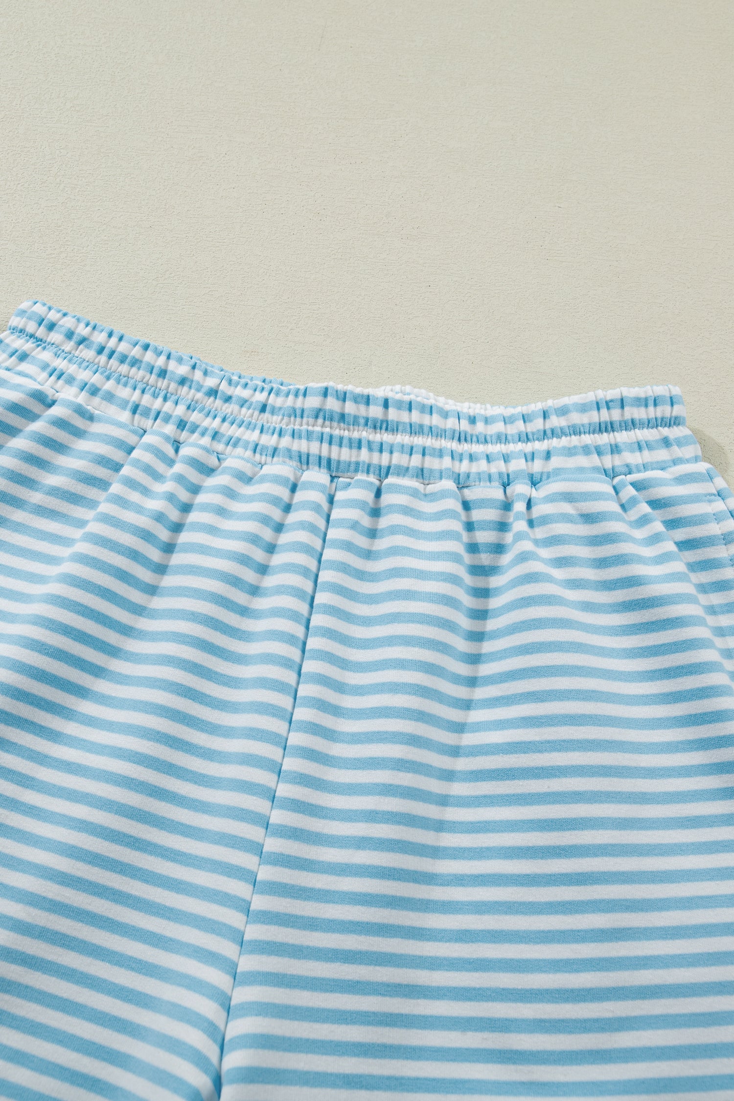 Sky Blue Stripe Cuffed Sleeve Mock Neck 2pcs Short Set