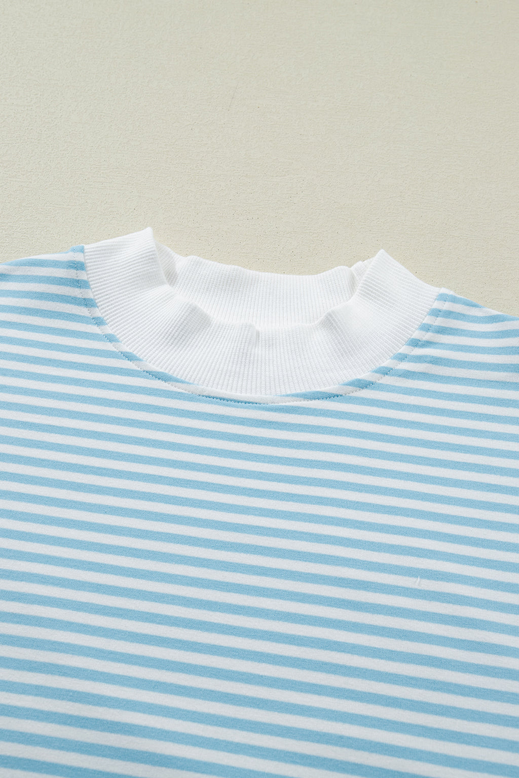 Sky Blue Stripe Cuffed Sleeve Mock Neck 2pcs Short Set