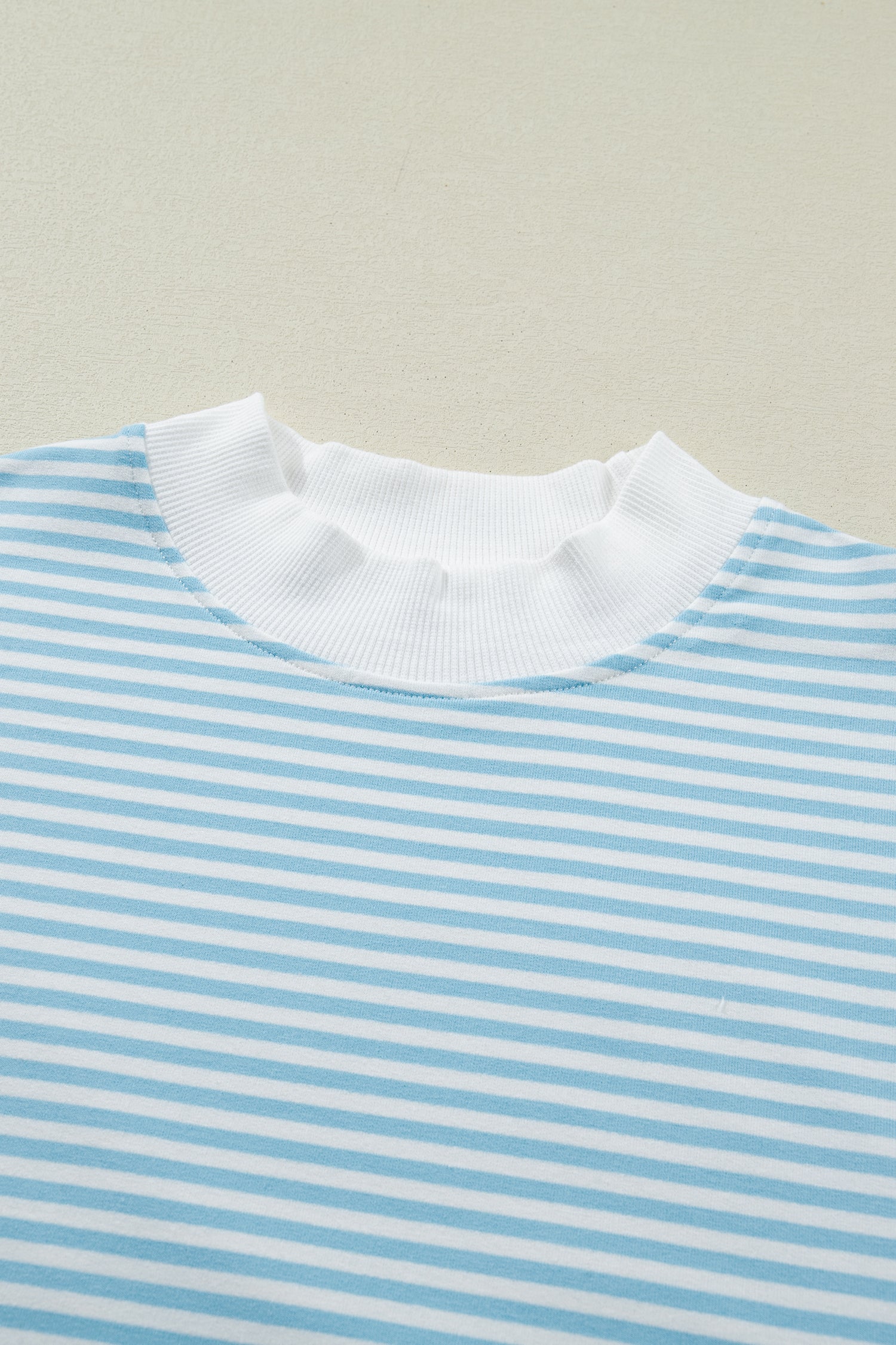 Sky Blue Stripe Cuffed Sleeve Mock Neck 2pcs Short Set