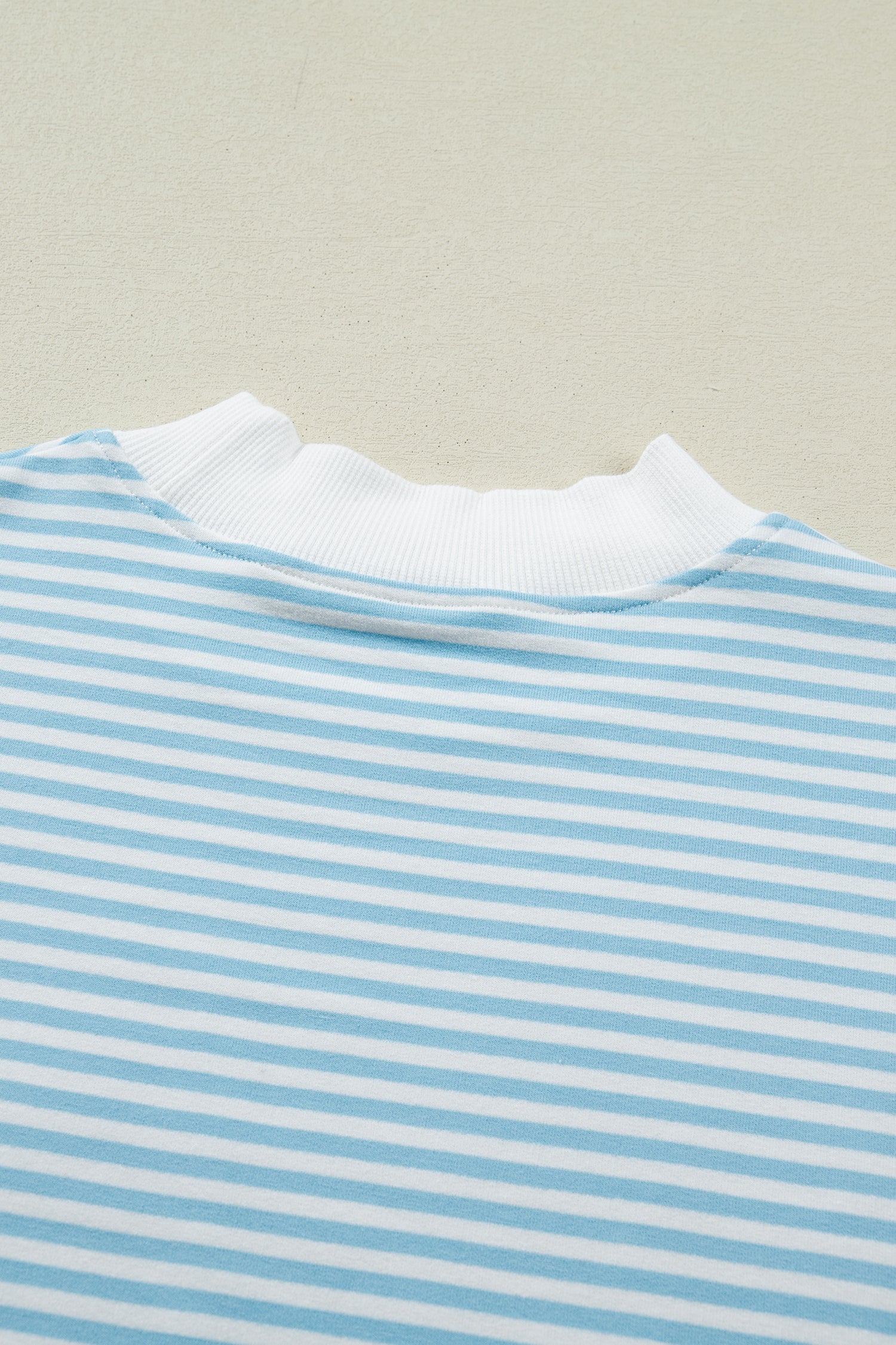 Sky Blue Stripe Cuffed Sleeve Mock Neck 2pcs Short Set