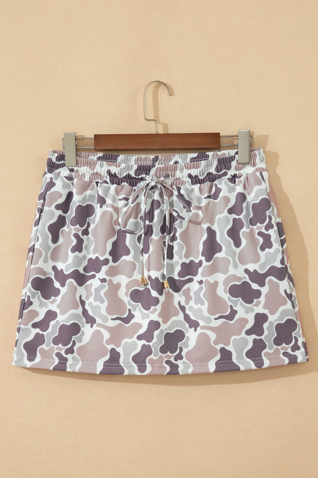Khaki Abstract Camo Elastic Waist Drawstring Mini Skort