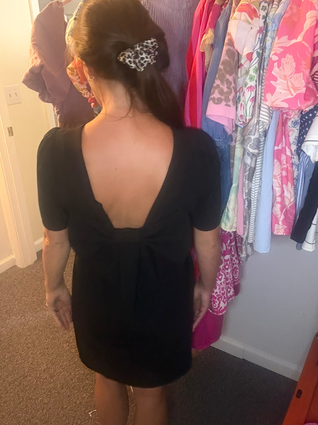 LDC Bow Decor Backless Short Sleeve Shift Mini Dress