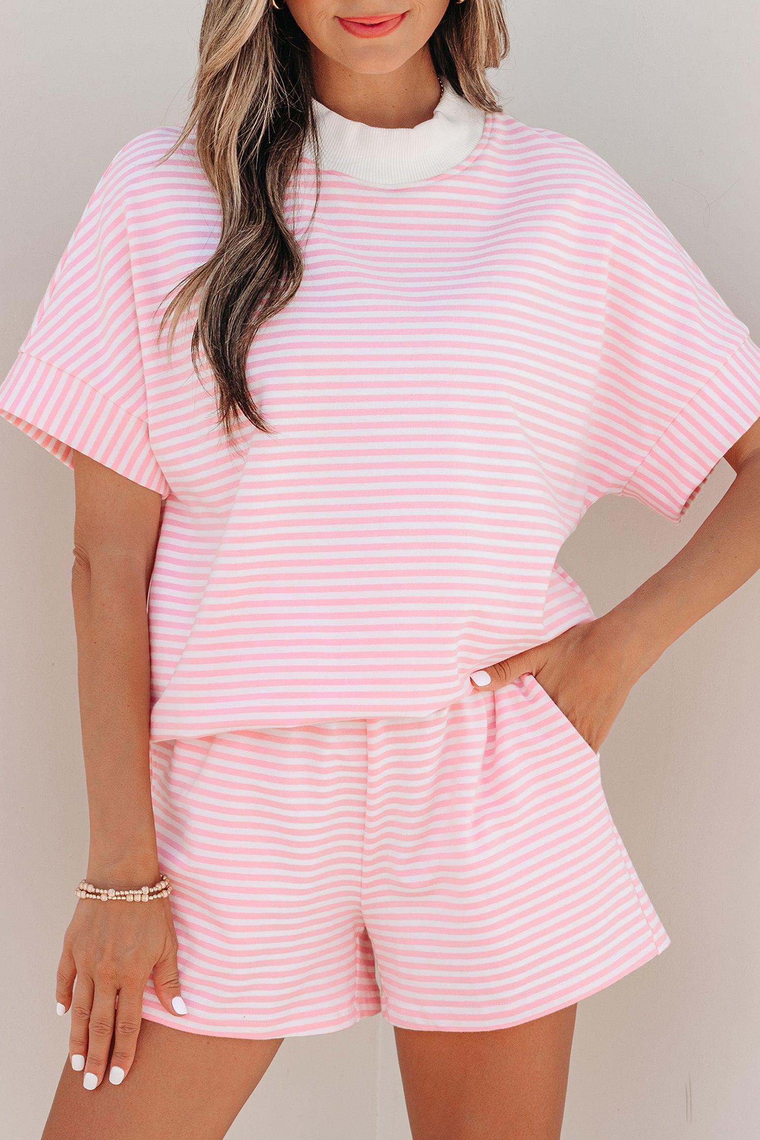 Pink Stripe Cuffed Sleeve Contrast Mock Neck Tee Casual 2pcs Short Set