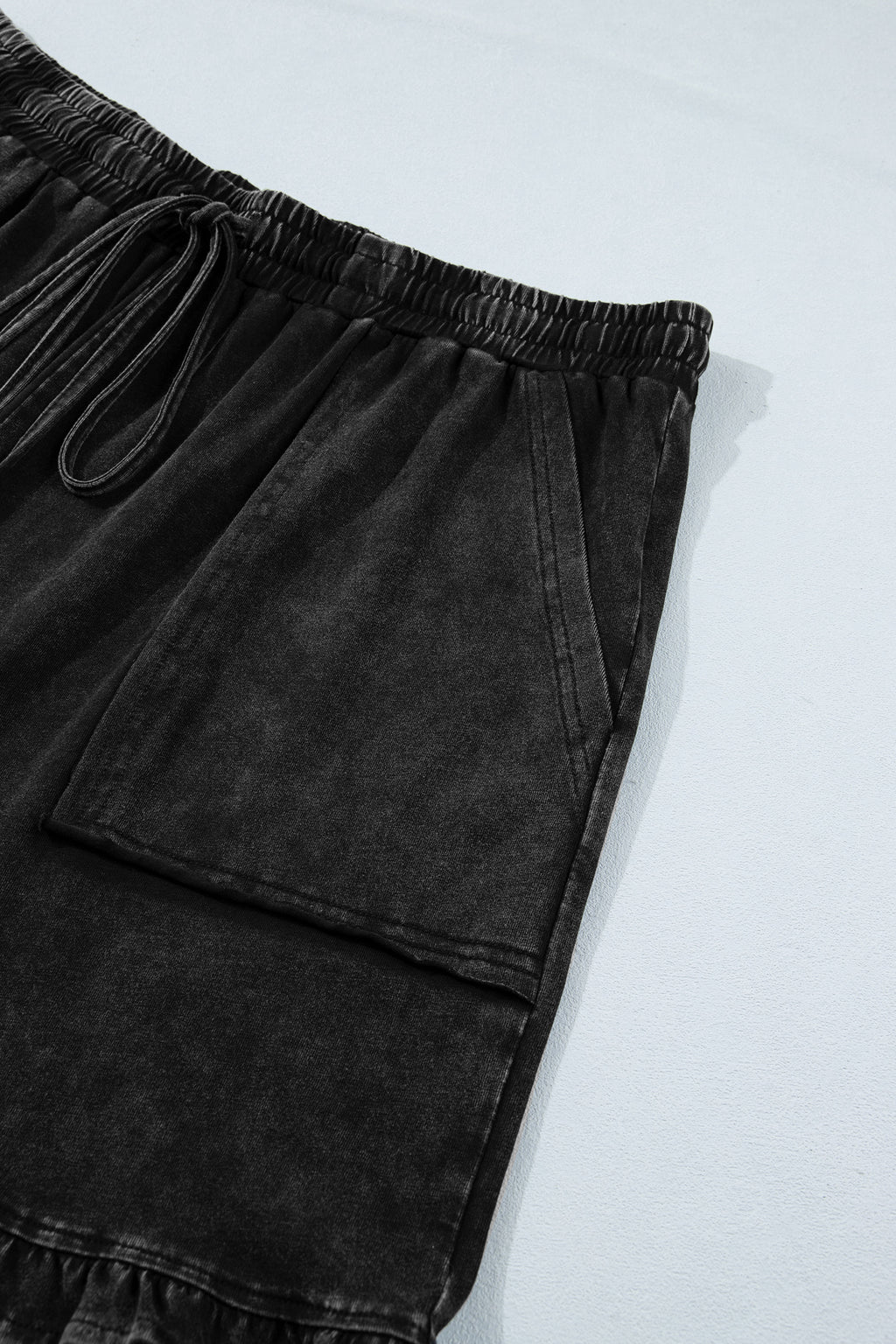 Black Mineral Wash Elastic Waist Drawstring Ruffle Hem Plus Shorts