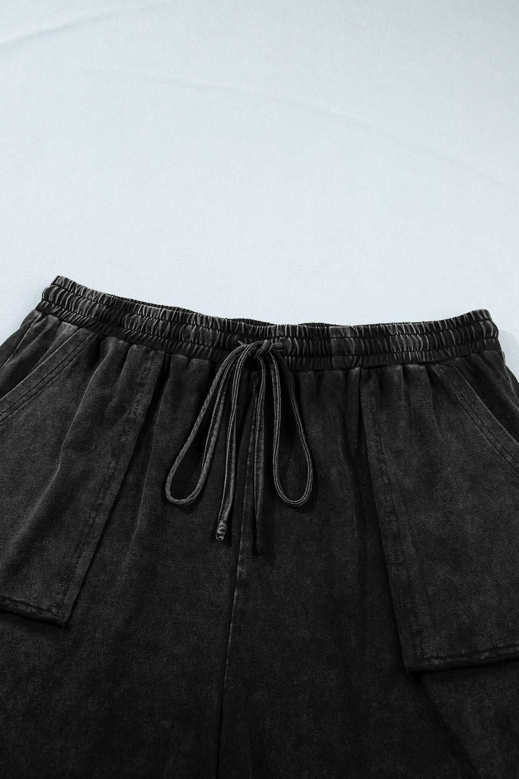 Black Mineral Wash Elastic Waist Drawstring Ruffle Hem Plus Shorts