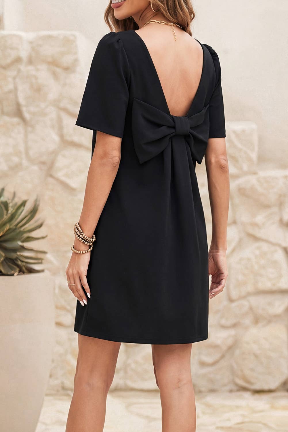 LDC Bow Decor Backless Short Sleeve Shift Mini Dress