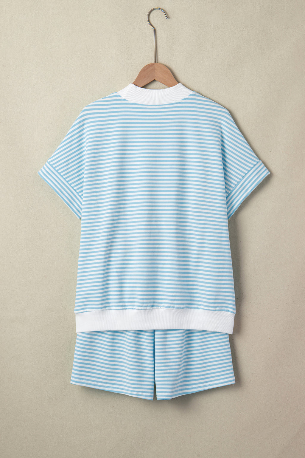 Sky Blue Stripe Cuffed Sleeve Mock Neck 2pcs Short Set