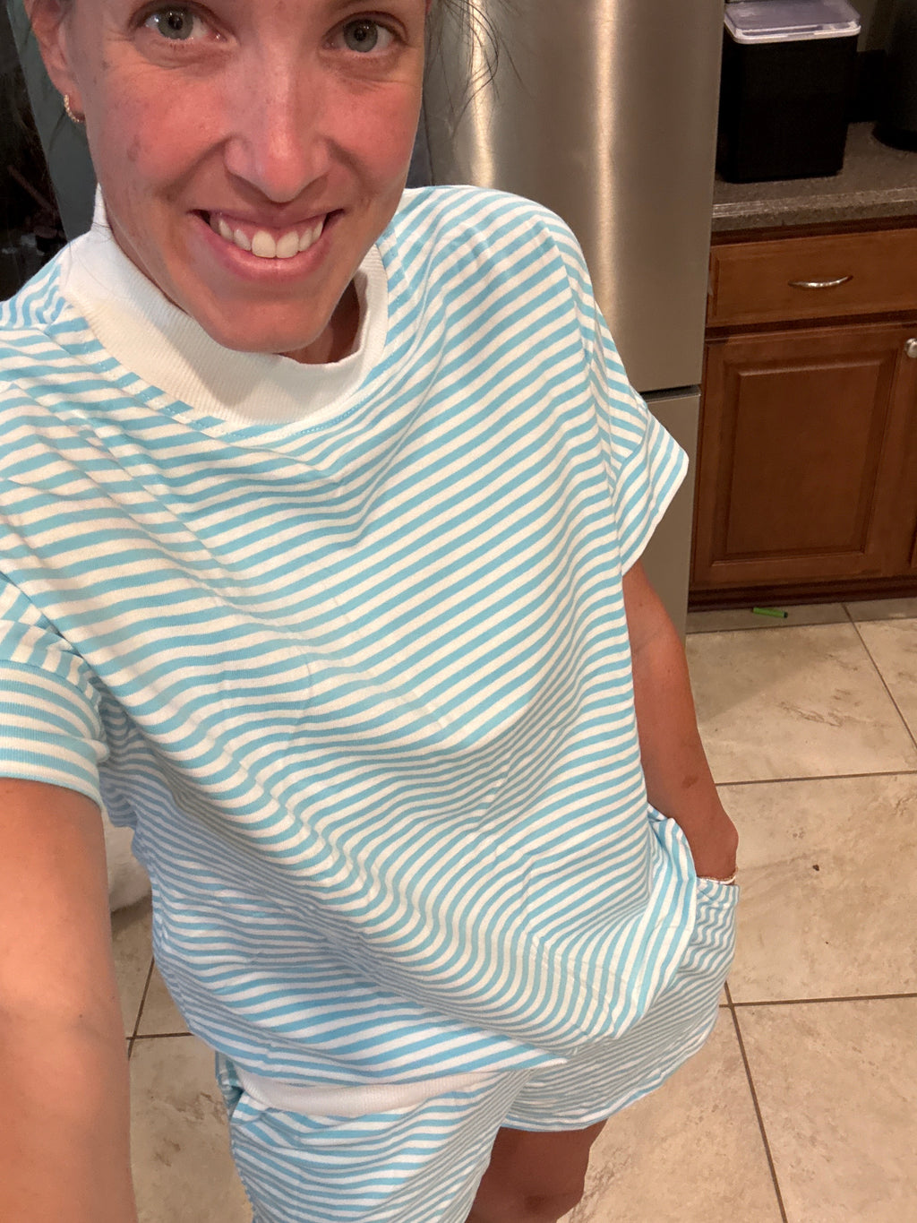 Sky Blue Stripe Cuffed Sleeve Mock Neck 2pcs Short Set