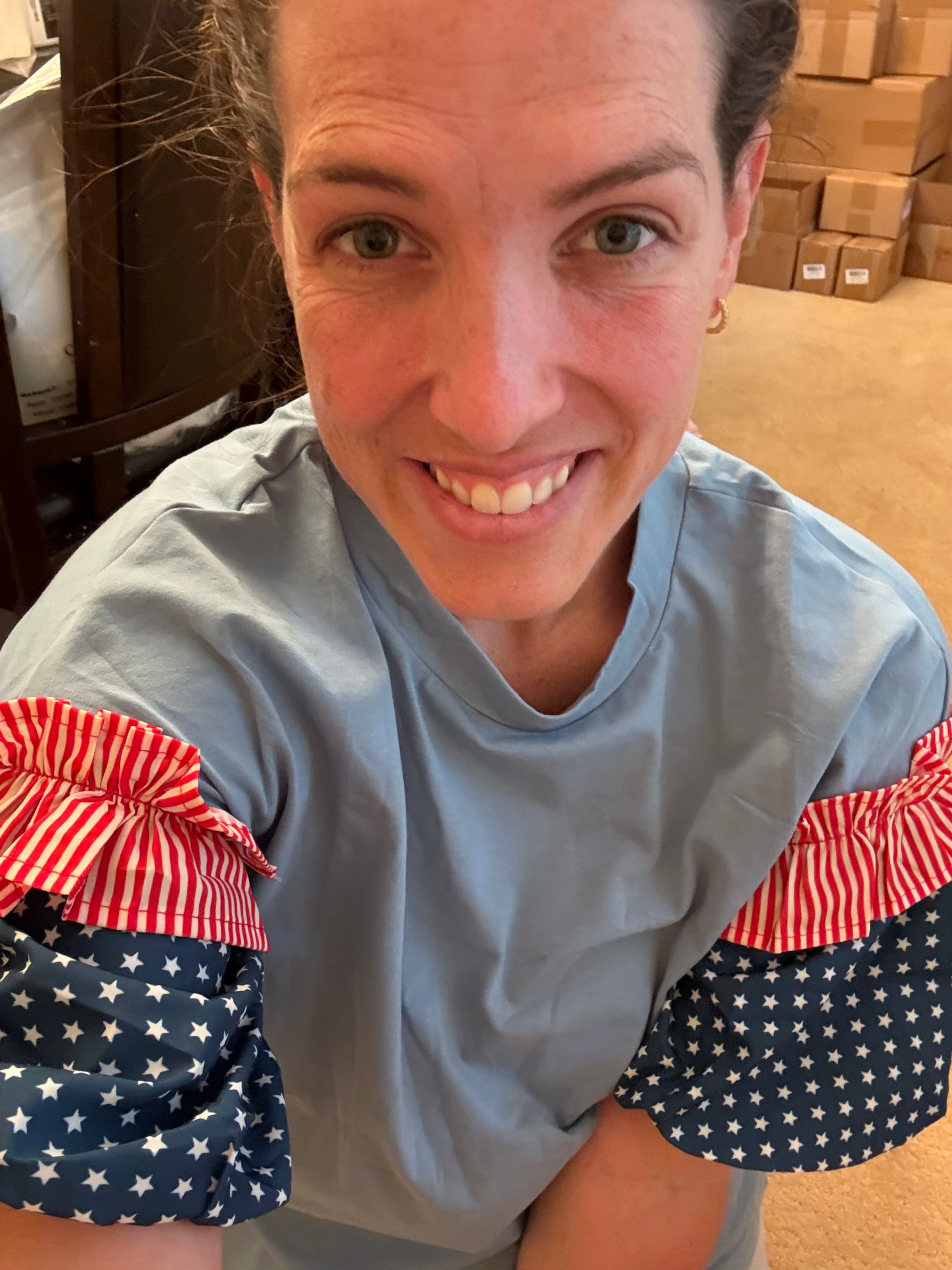 Beau Blue Stars Stripes Short Puff Sleeve Top