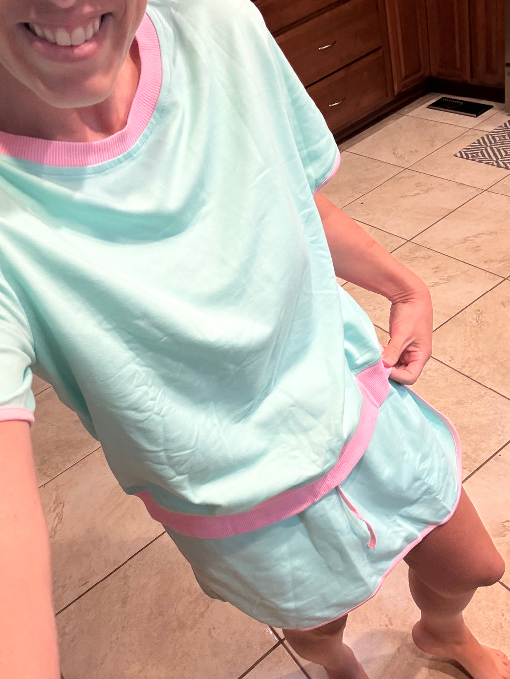Turquoise Colorblock Edge Drop Shoulder T Shirt and Skort 2Pcs Set