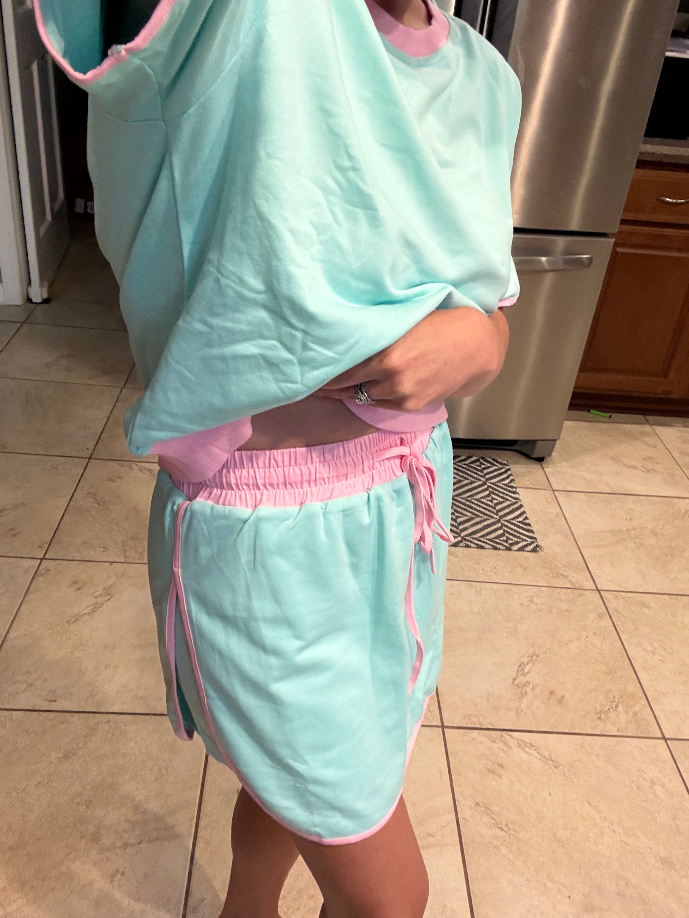 Turquoise Colorblock Edge Drop Shoulder T Shirt and Skort 2Pcs Set