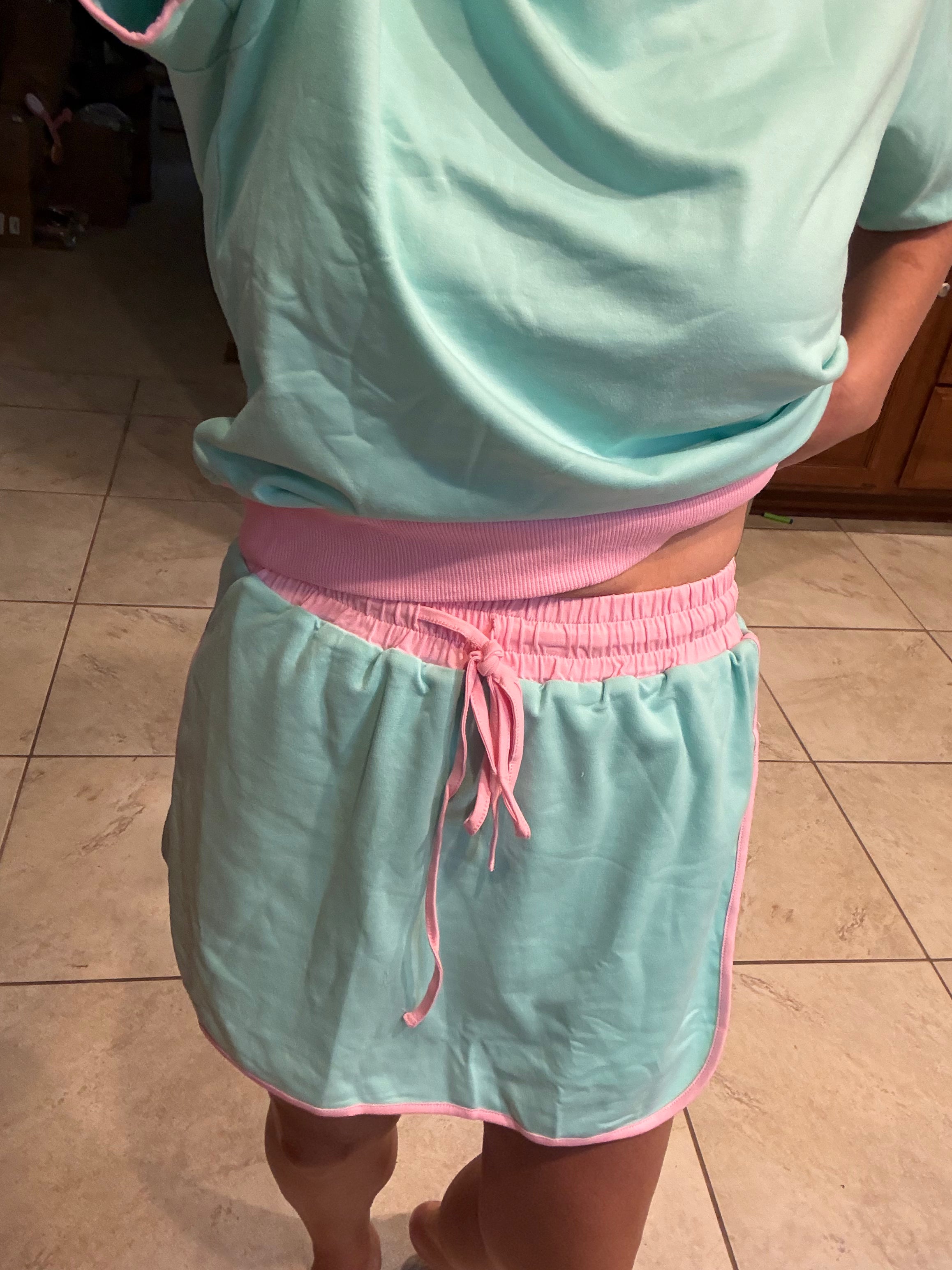 Turquoise Colorblock Edge Drop Shoulder T Shirt and Skort 2Pcs Set
