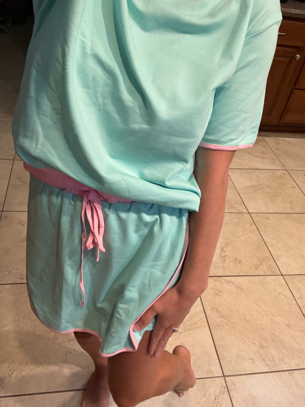 Turquoise Colorblock Edge Drop Shoulder T Shirt and Skort 2Pcs Set