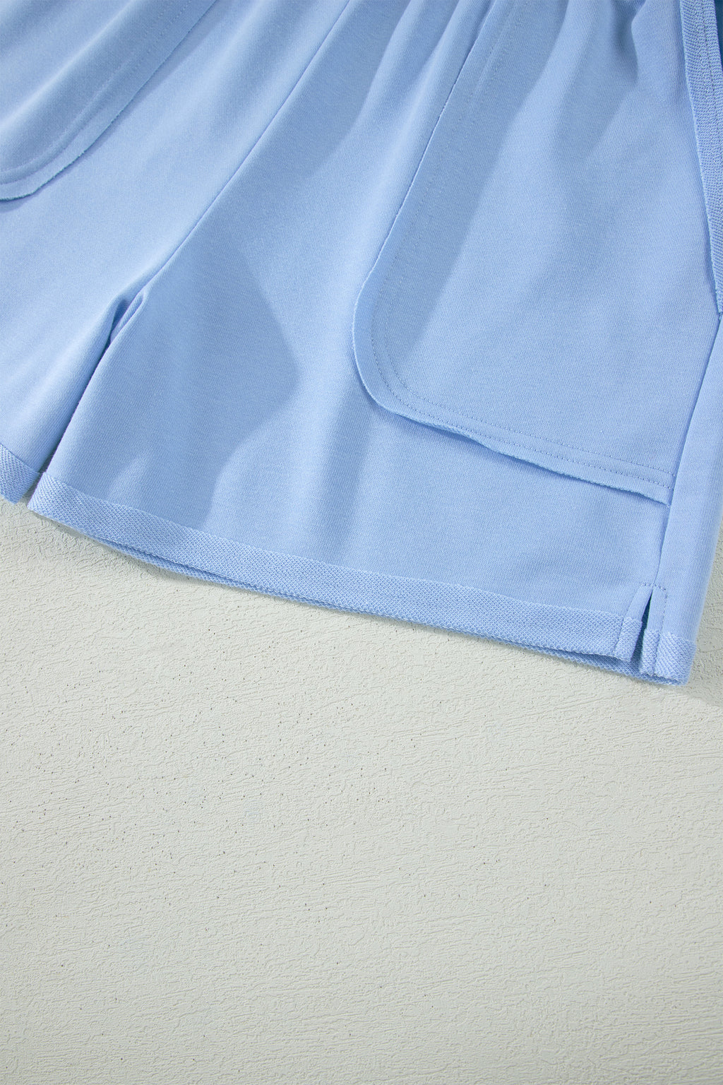 Mist Blue Loose Polo Tee Elastic Waist 2pcs Short Set