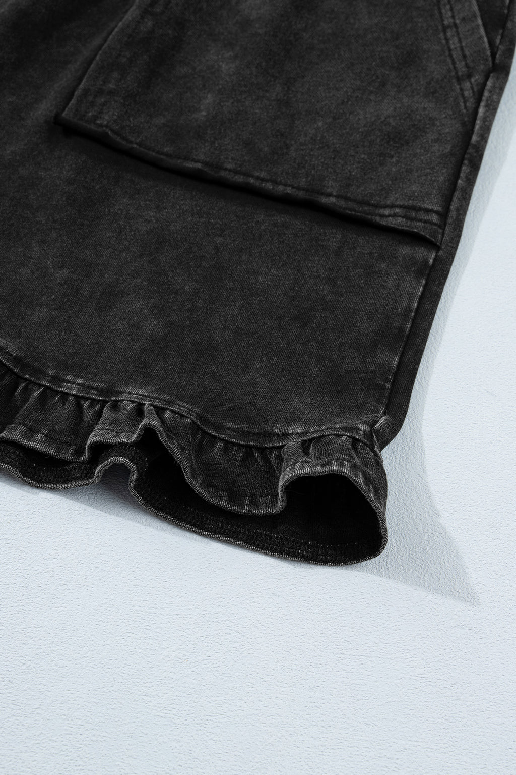 Black Mineral Wash Elastic Waist Drawstring Ruffle Hem Plus Shorts