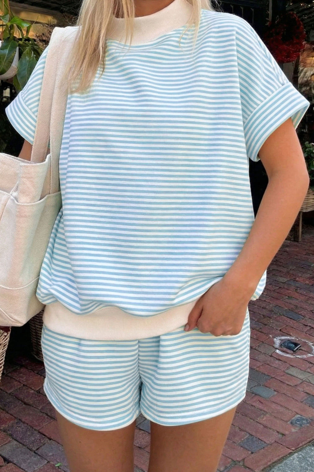 Sky Blue Stripe Cuffed Sleeve Mock Neck 2pcs Short Set