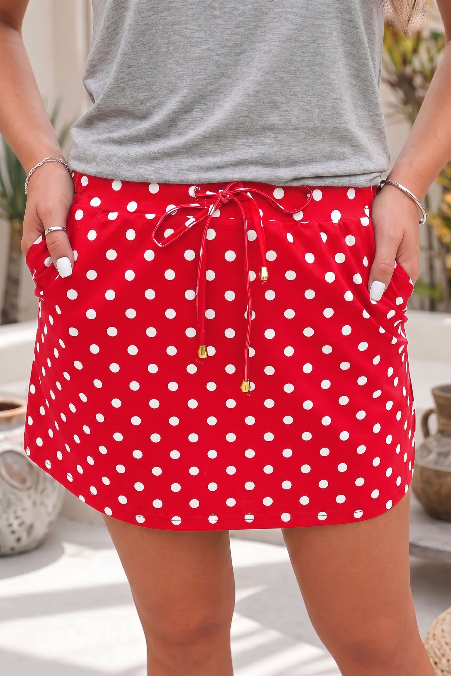 Sachet Pink Polka Dot Drawstring Casual Mini Skort