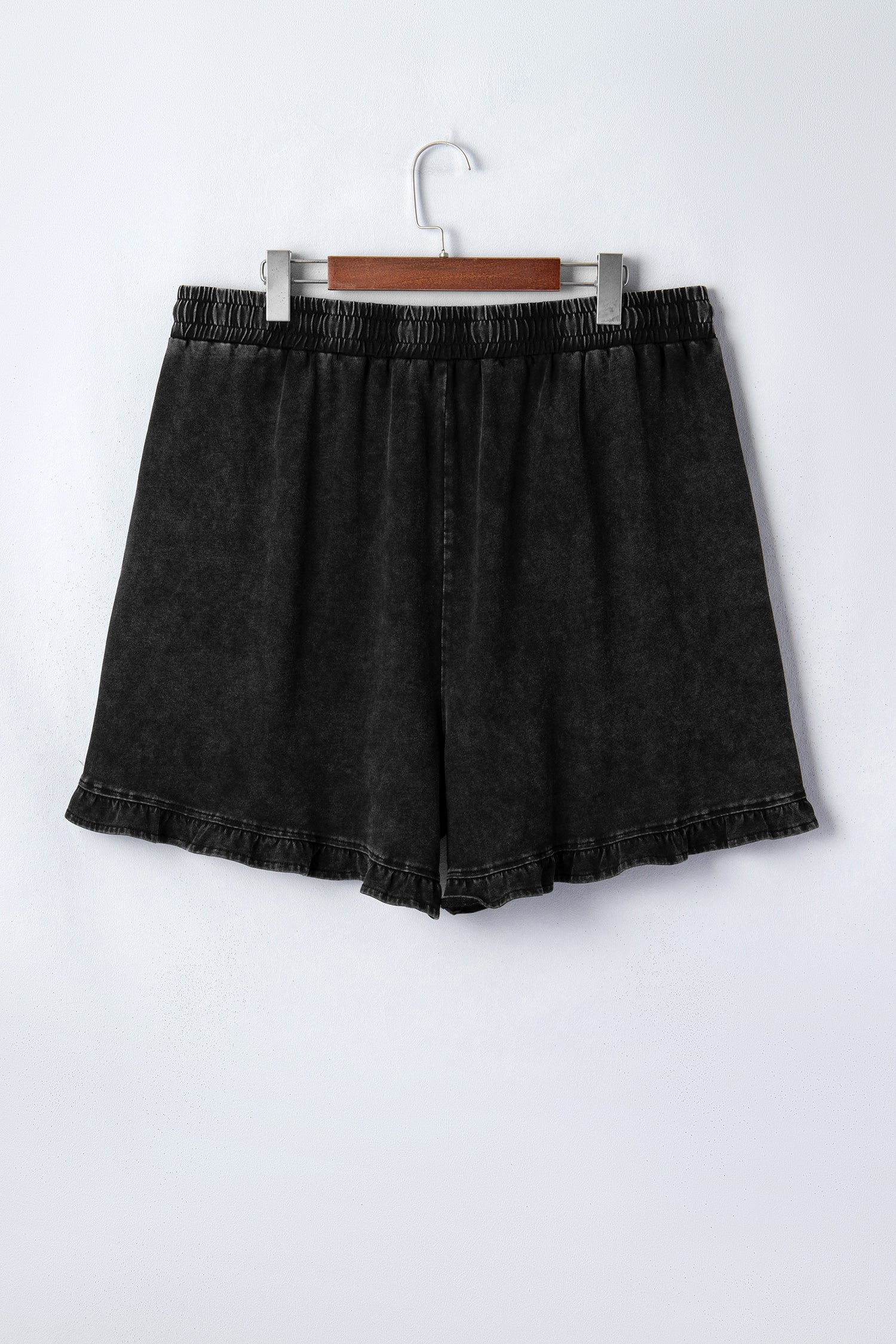 Black Mineral Wash Elastic Waist Drawstring Ruffle Hem Plus Shorts