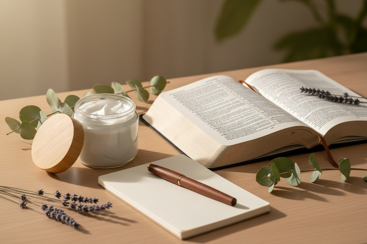 Spa table with Bible, jar, notebook and pen